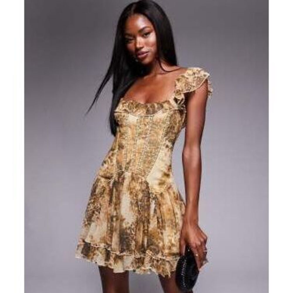 ASOS DESIGN frill mini dress with corset drop waist detail in animal print